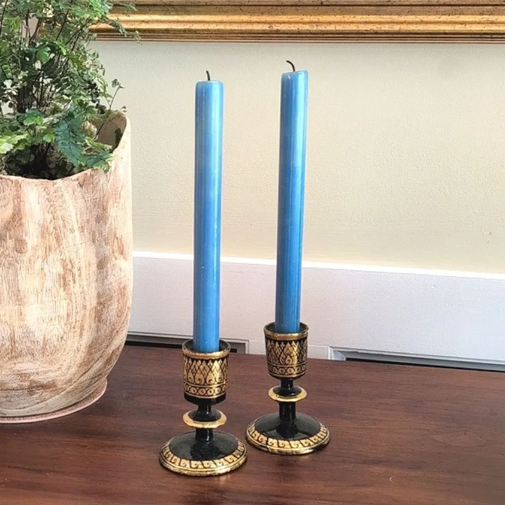 Elegant Black & Gold Hand Painted Khokhloma Russian Folk Art Candle Holders